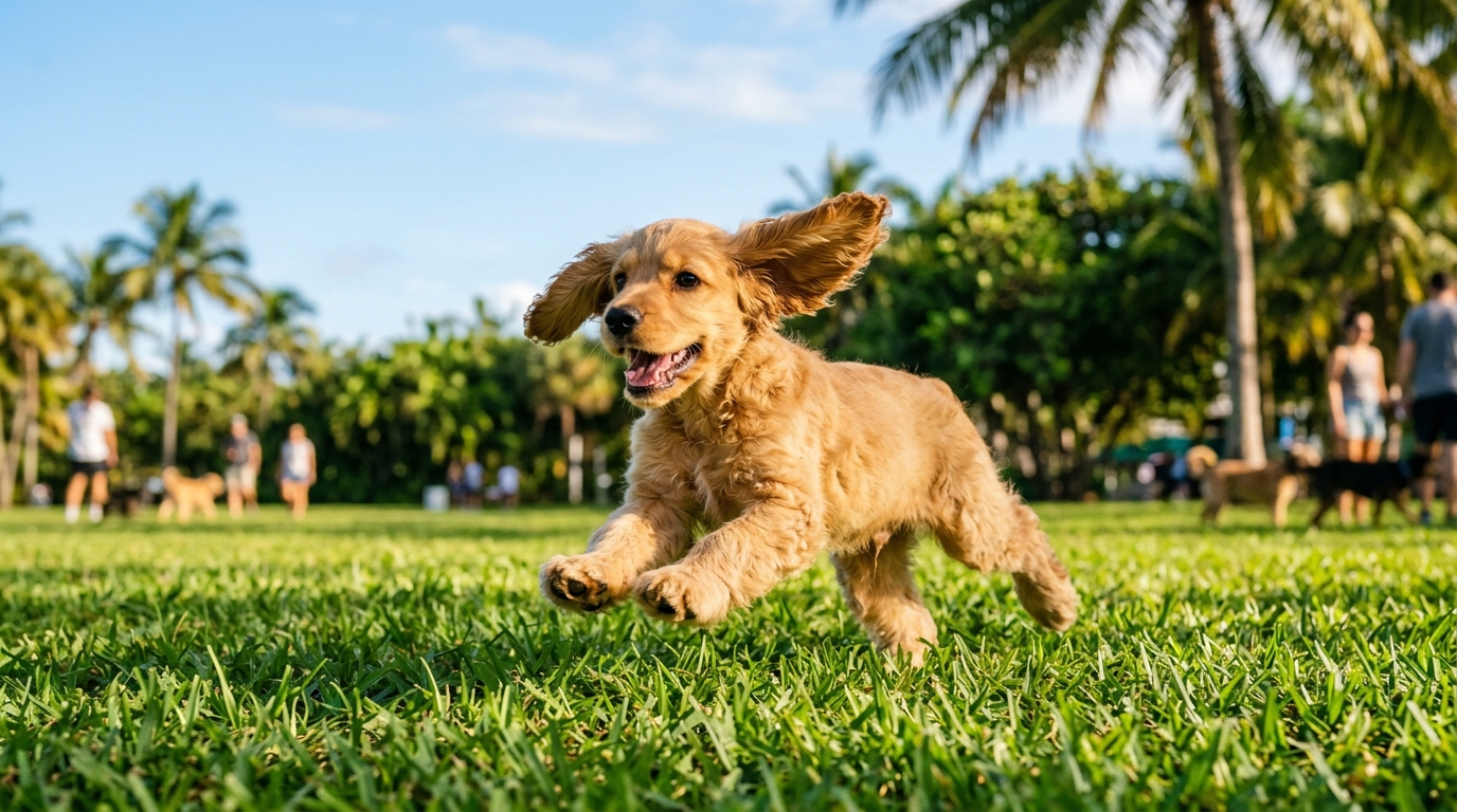 Cocker Spaniel puppy running in a Miami park